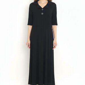 Elegant Black Midi Dress for Women – Half Sleeve, Button Detail, Formal Wear